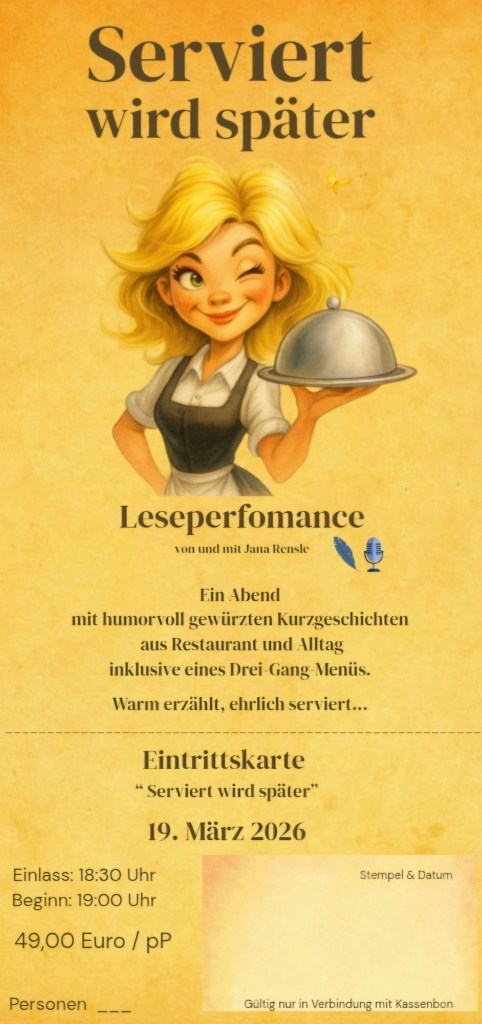 Die Lesung zum Buch "Serviert wird später" präsentiert Kurzgeschichten aus Restaurant, Alltag und mit einer ordentlichen Portion Humor: Jana Rensle aus Oldenburg nimmt den ganz normalen Wahnsinn auseinander – inspiriert vom Leben und hinter der Theke. Pointiert, lebensnah und garantiert mit Wiedererkennungsfaktor.